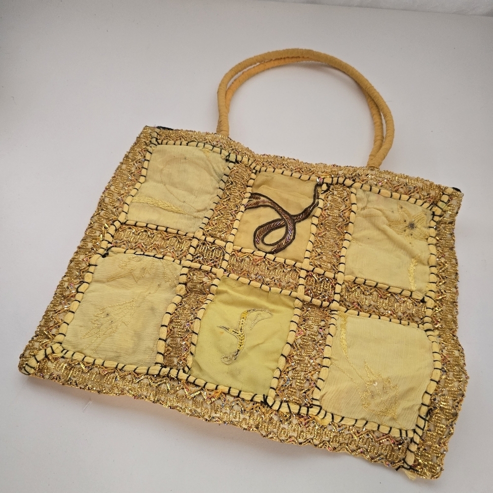Boho India Patchwork Tote Bag Yellow Embroidered Beaded Handmade - Picture 4 of 12